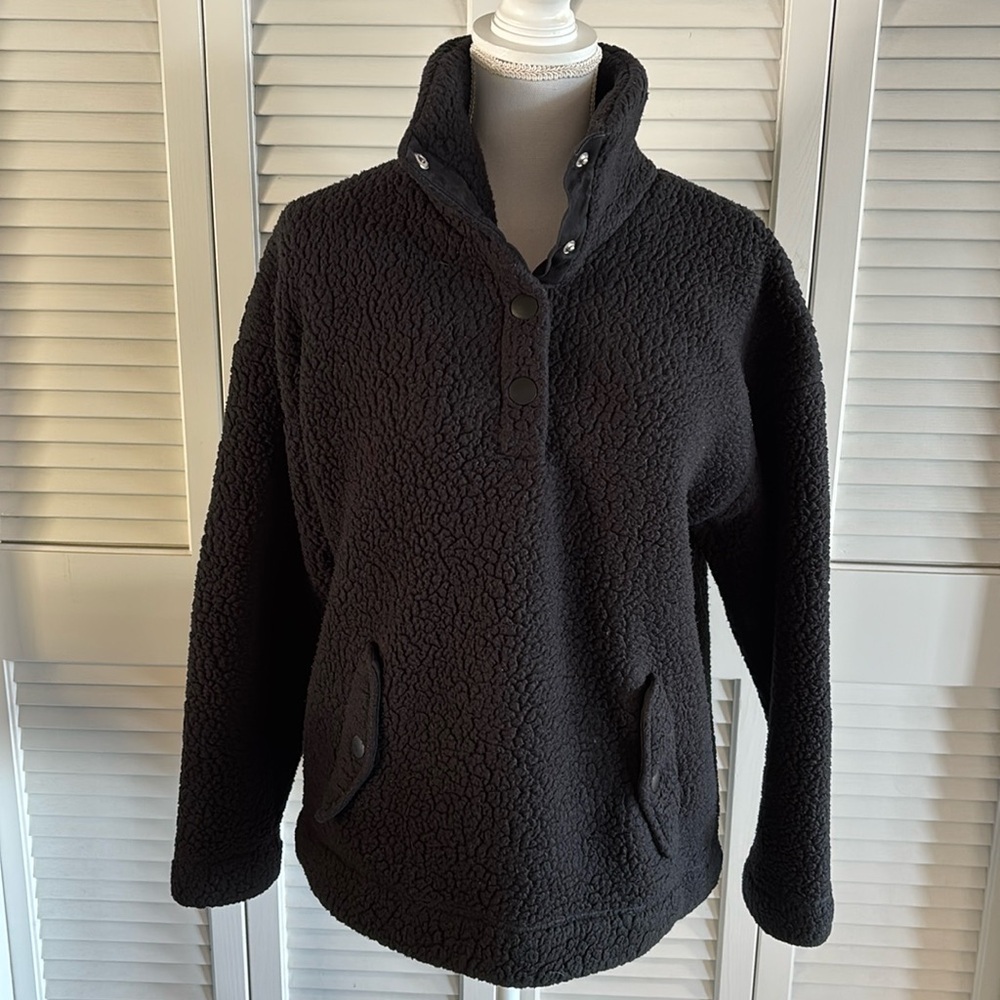 J. Crew Snap Collar Sherpa Polartec Fleece Pullover Jacket Women’s Black Size M